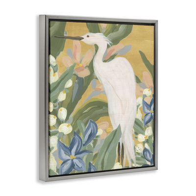 "Tropical Aigrette", peinture sur toile flottante encadrée grise par June Erica Vess