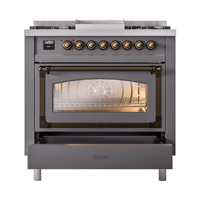 ILVE Nostalgie II Series 36 in. Dual Fuel Range with 6 Sealed Burners, Griddle (Liquid Propane, Glass Door), Liquid Propane