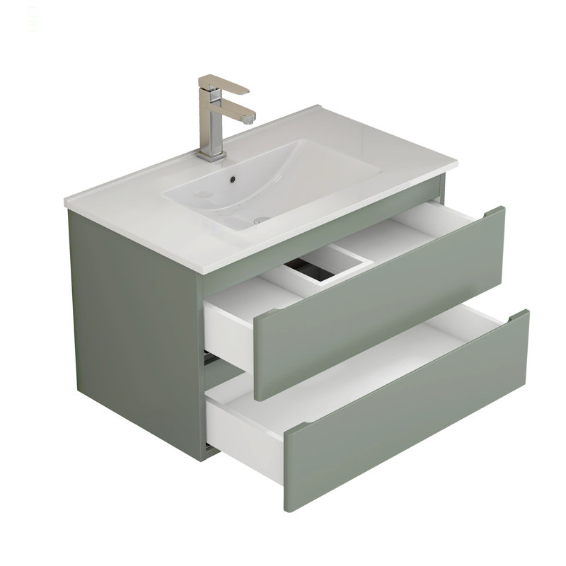 Meuble-lavabo mural de 32 pouces avec lavabo combiné, tiroirs doubles, façades de tiroirs arrondies, système de fermeture en douceur, lavabo en céramique, conception sans poignée, bois massif, facile à installer, le robinet n'est pas inclus