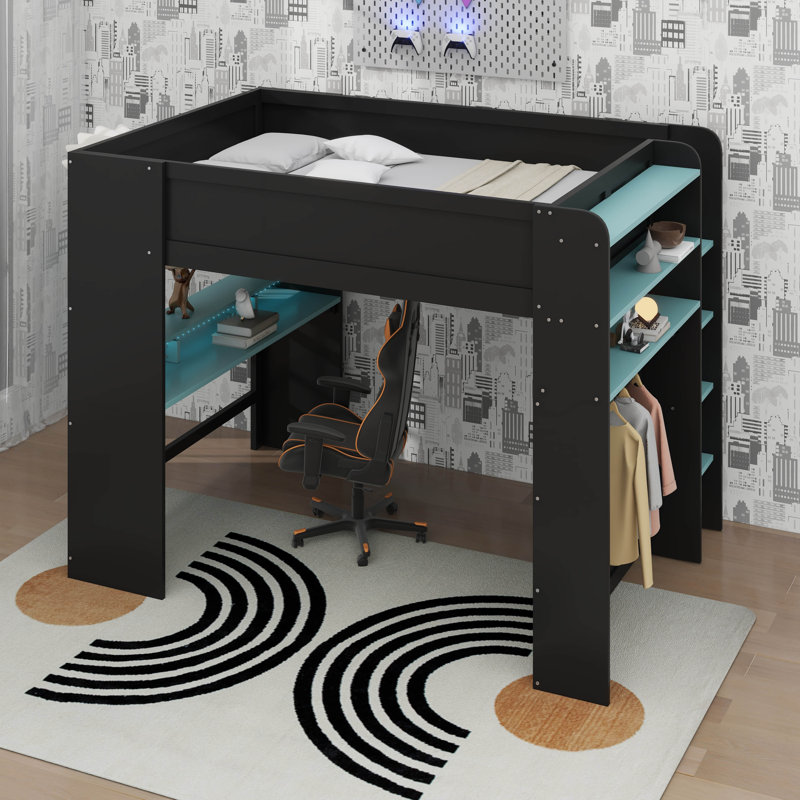 Lit mezzanine double avec bureau à hauteur réglable, garde-robe et lumière RVB, Noir / Bleu