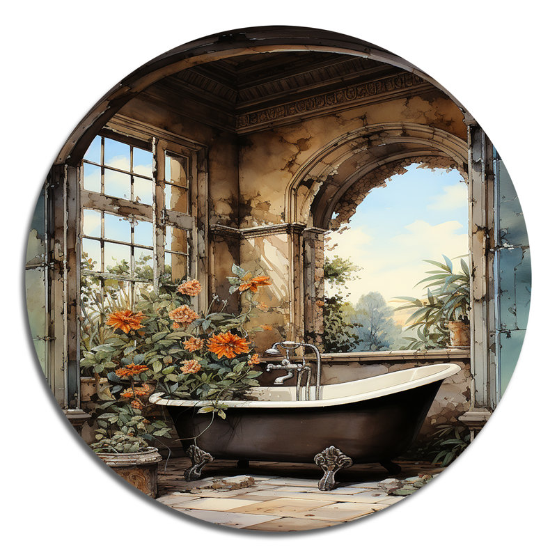 «Bathroom Bathroom Vintage Tiles IV - Humour», art rond en métal, H 23 po x l 23 po