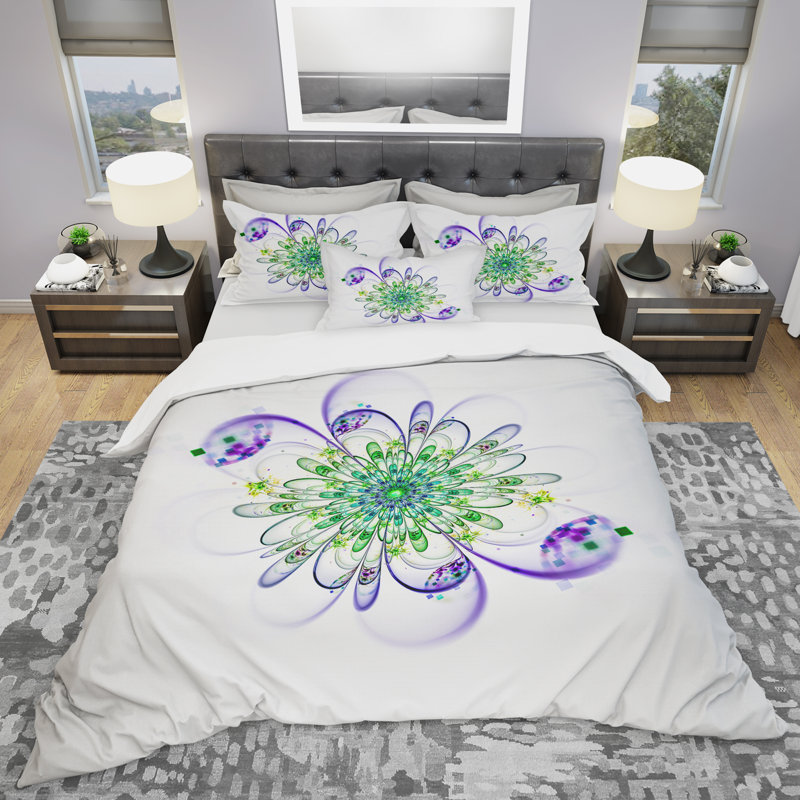 Fascinant vert mauve fleur fractal - ensemble de housse de couette floral - microfibre de polyester