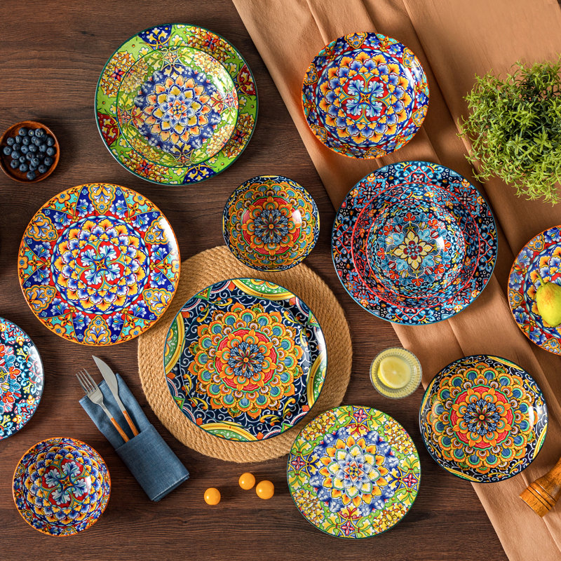SIMI 16 Piece Porcelain China Dinnerware Set - Service for 4, Orange/Green