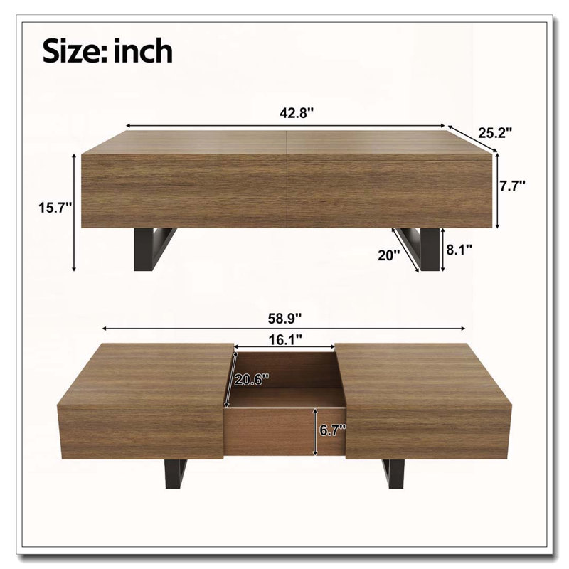 Table basse coulissante avec rangement dissimulé, Noyer