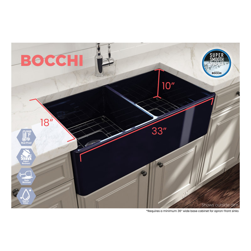 33'' L Farmhouse / Apron Double Bowl Fireclay Kitchen Sink, Biscuit