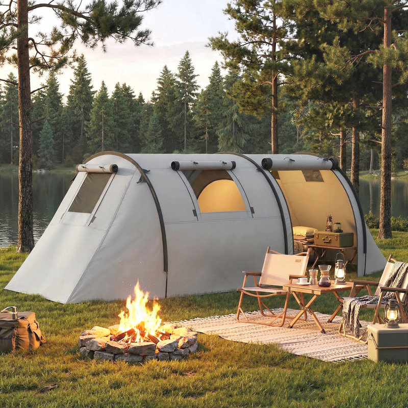 Tente de camping pour 3 à 4 personnes avec 2 chambres, tente familiale imperméable, Gris