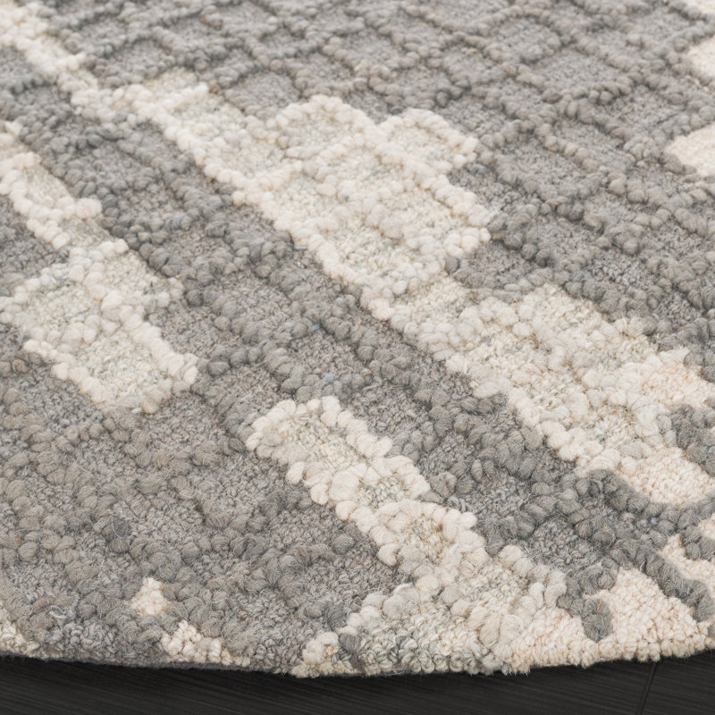 Veonica Hand Tufted Wool/Cotton Abstract Rug in Gray/Ivory/Dark Gray, Round 6'