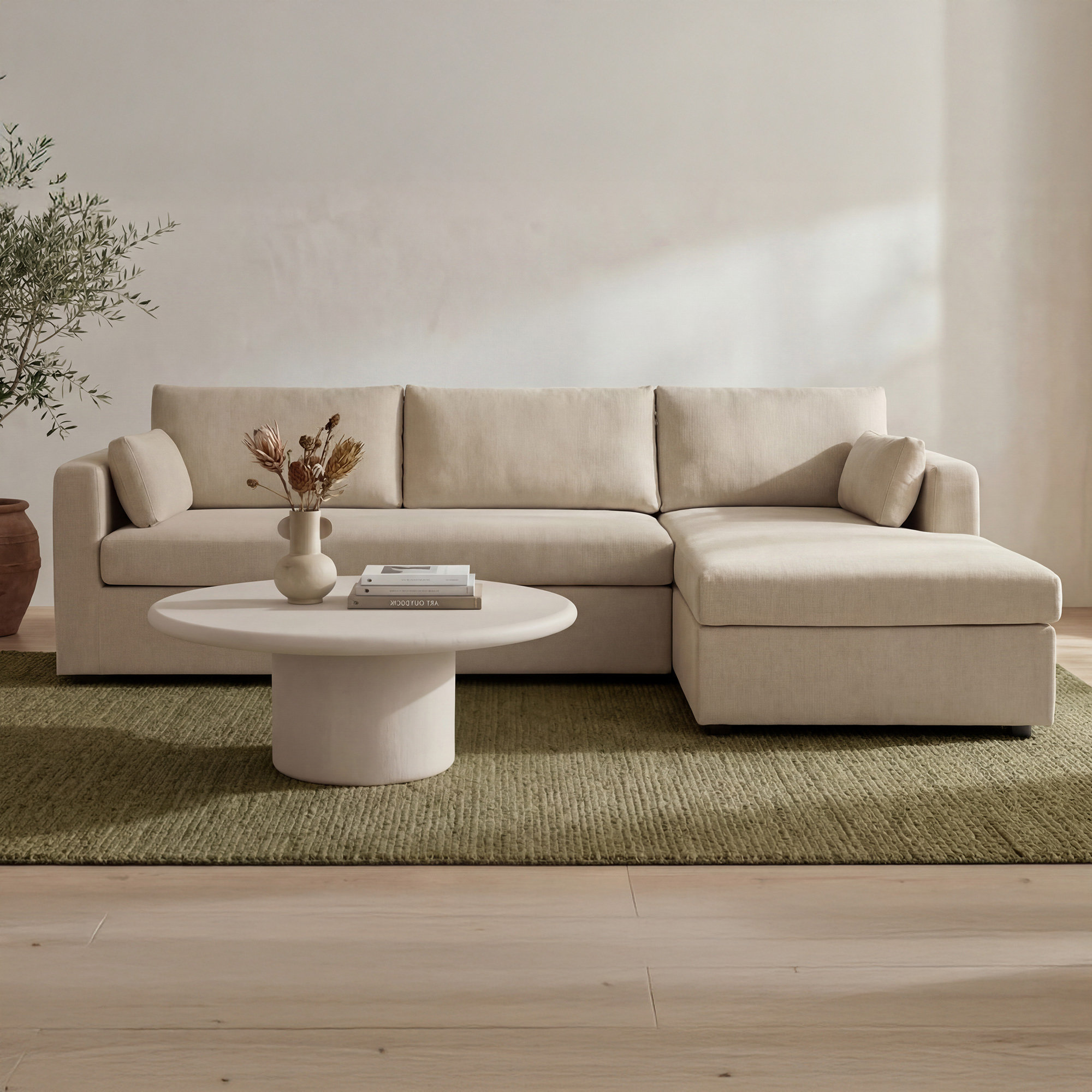 Eddie Sleeper Sectional With Storage Chaise Sand Right, Right Hand Facing, Beige Polyester