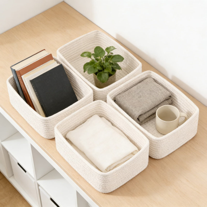 Woven Storage Baskets Set Of 4, Handwoven Cotton Rope Organizer Bins For Shelves, Closet, Desk, And Toy Storage, Decorative Rectangular Baskets For Home Organization