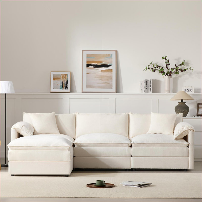 Canapés modulaires, canapé-lit moderne en L à 4 places de 103,5 po et repose-pieds mobile pour salon | Chenille | Crème