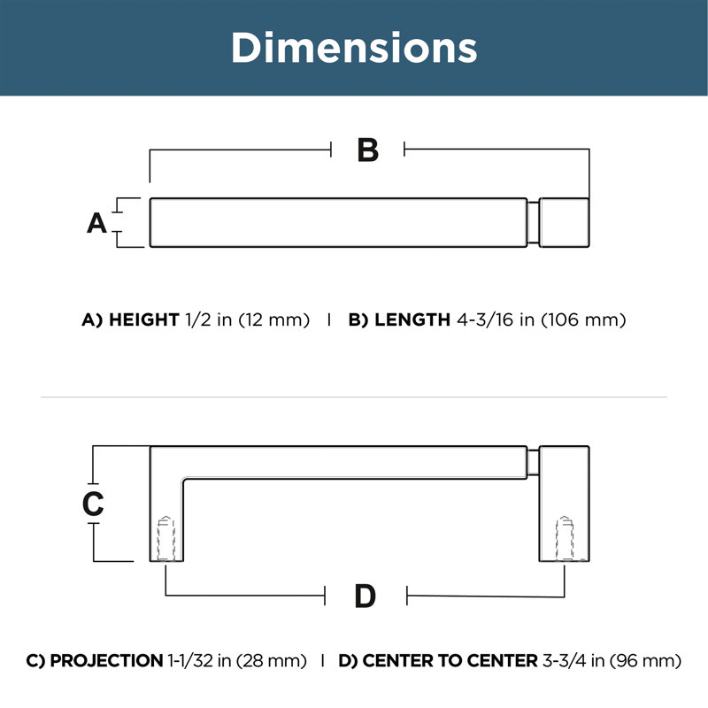 Asymmetric Notched Kitchen Cabinet or Furniture Drawer 3.75" Center Bar Pull Multipack, 3.75", Matte Black