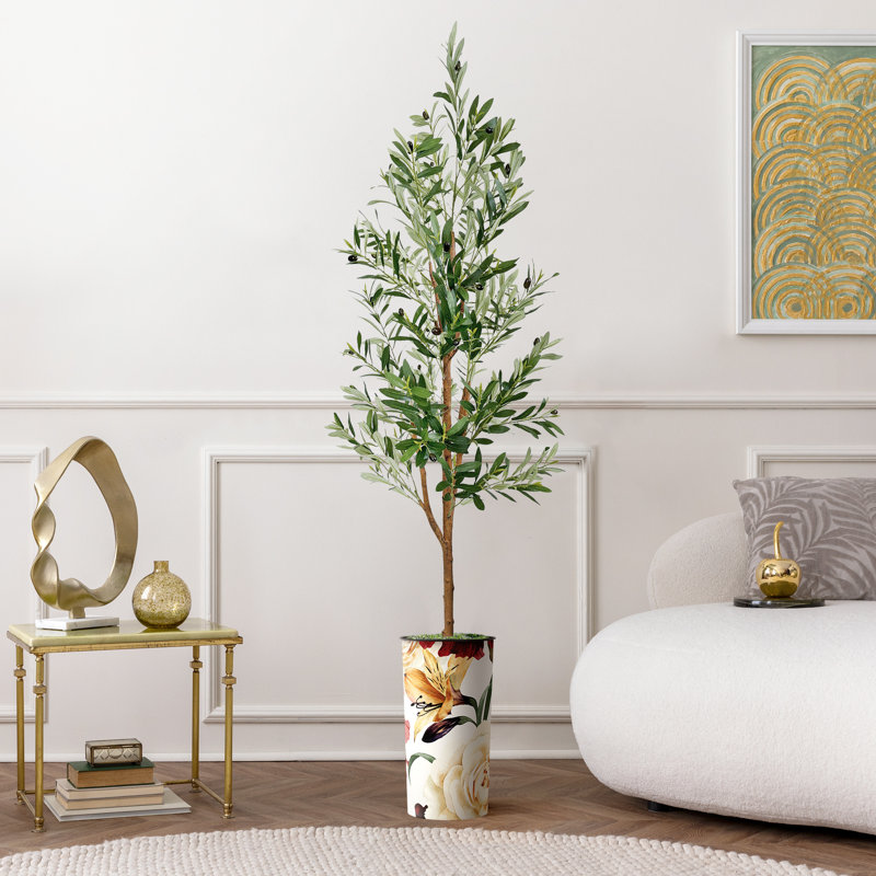 107'' Faux Tree in Planter, Peony Red Yellow