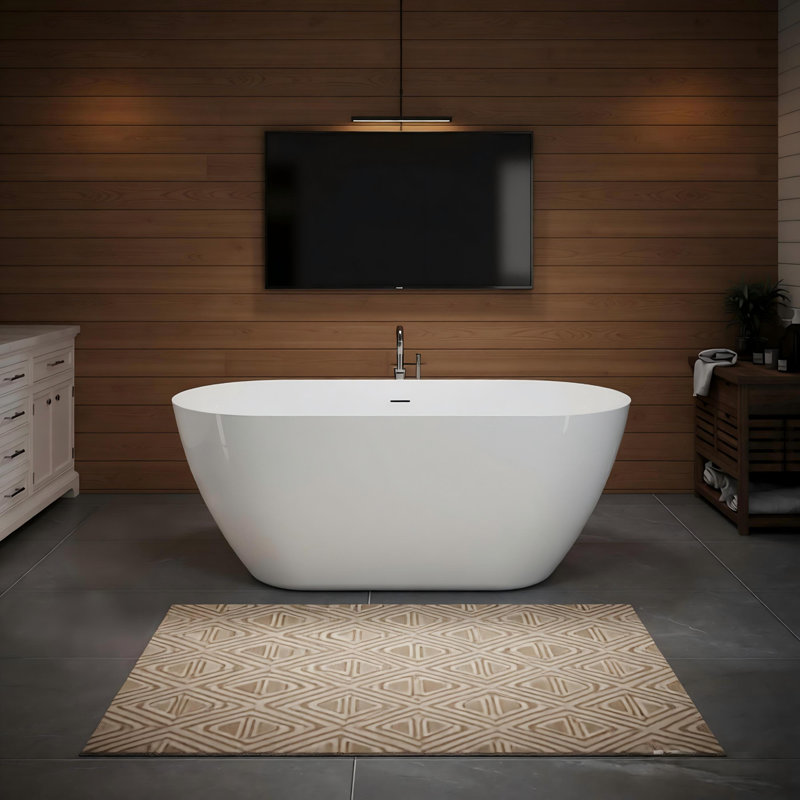 55'' Acrylic Freestanding Bathtub, Contemporary Stand Alone Bath Tub with Overflow and Pop-up Anti-blockage Drain, cUPC Certified, Glossy White