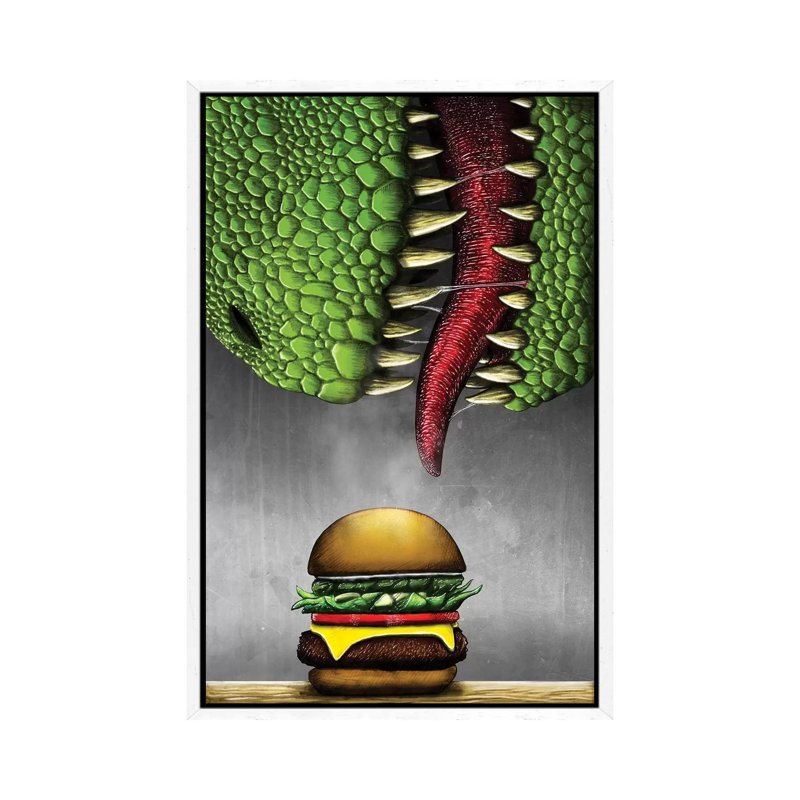 T-Rex With Cheeseburger by Trevor Wayne - Painting on Canvas, White Framed, 66.04cm H x 45.72cm W x 3.81cm D