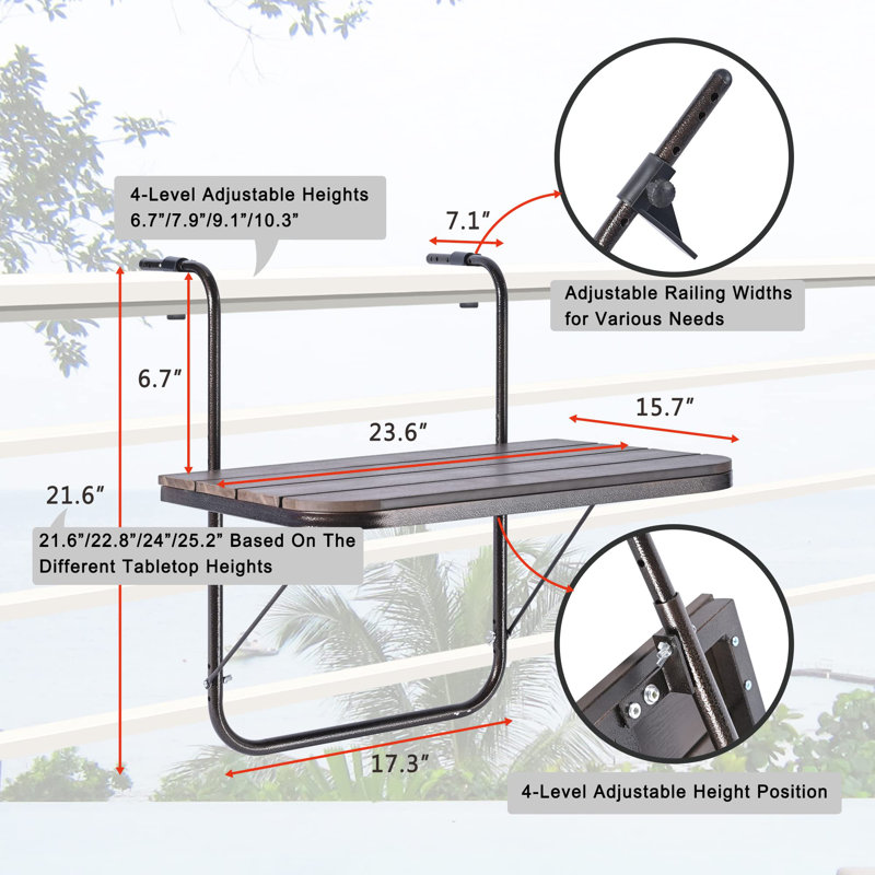 Balcony Railing Table Outdoor Hanging Folding Balcony Bar Table For Railings Patio Table On Railing Aluminium Metal Side Table Adjustable 23.6"(L) X 15.7"(W) Brown