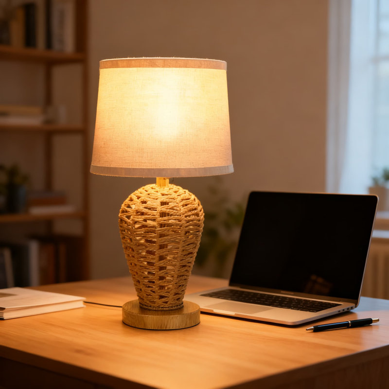 Boho Table Lamp With Touch Control, 3-Way Dimmable, Hand Woven Rattan Shade For Bedroom, Living Room, Office, Includes Warm White LED Bulb