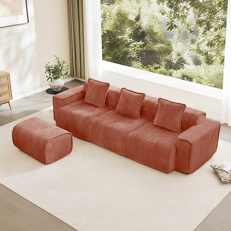 Canapé modulaire à 3 places en forme de L avec passepoil à bord franc, sans assemblage requis, tissu en velours, Rouge