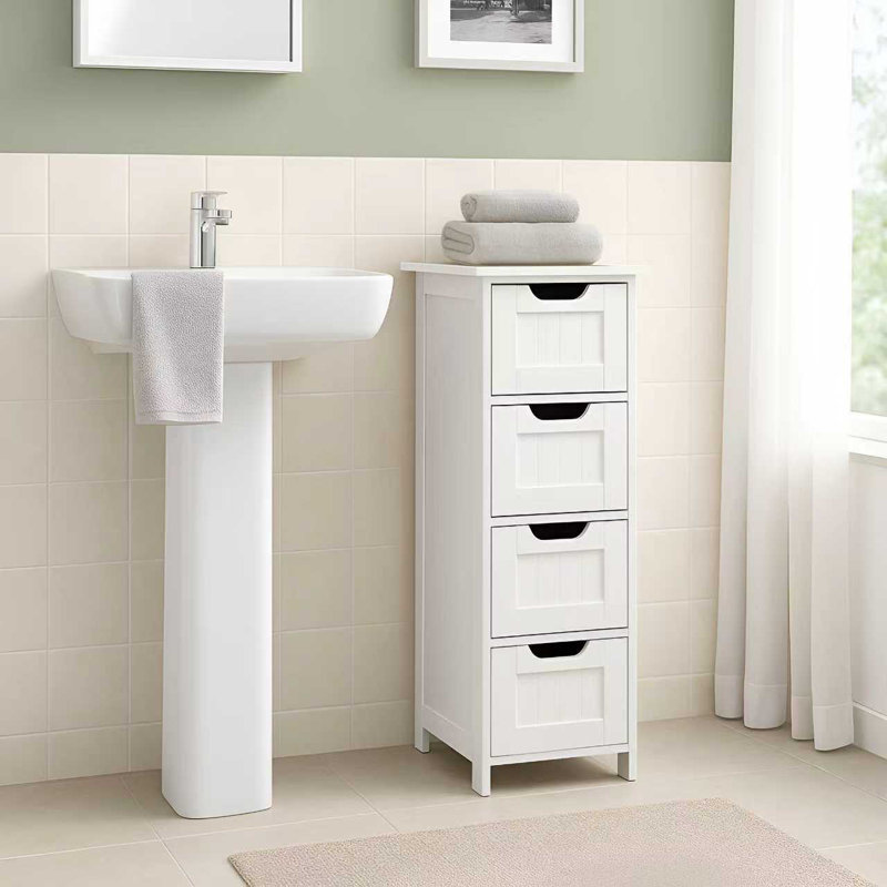 32.3" H White Bathroom Cabinet Floor Storage Cabinet With 4 Drawers