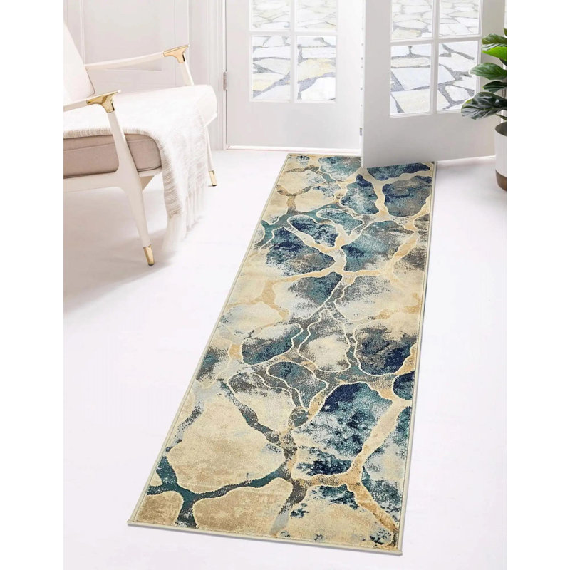 Tapis contemporain contemporain de couleur lagon, Tapis de couloir 2 pi 7 po x 10 pi