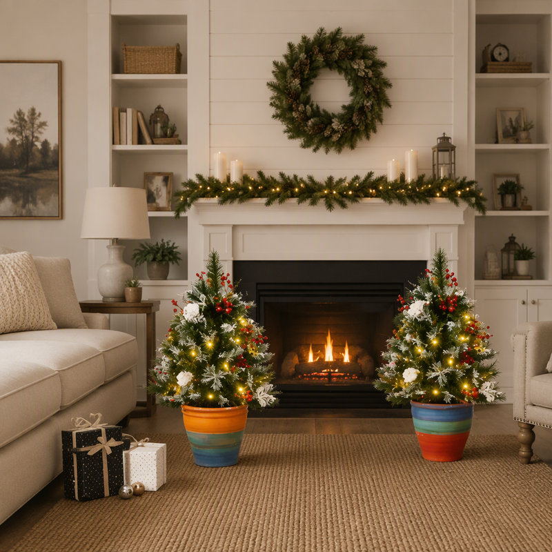 Arbre de Noël artificiel d'extérieur avec lumières DEL blanc chaud et branches enneigées pour la décoration de porche