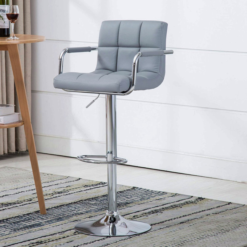 Contemporary Adjustable Swivel Arm Bar Stool With Cushion, Gray