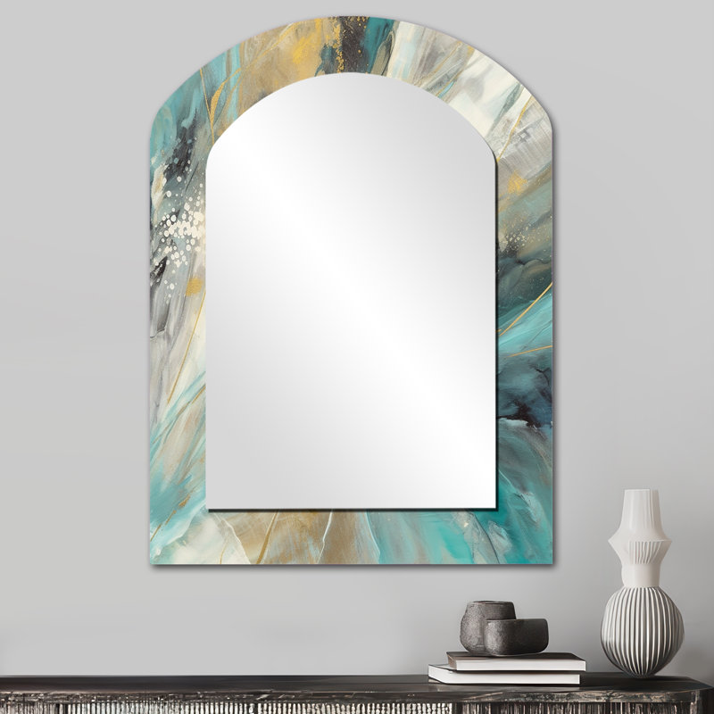 Golden Hour In Turquoise Waves IV - miroir mural asymétrique abstrait, miroir décoratif en arche turquoise, impression sur métal