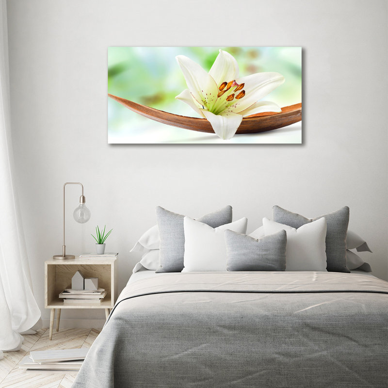 Lily Flower On Banana Leaf - No Frame Print on Glass, 70cm H x 140cm W x 0.4cm D