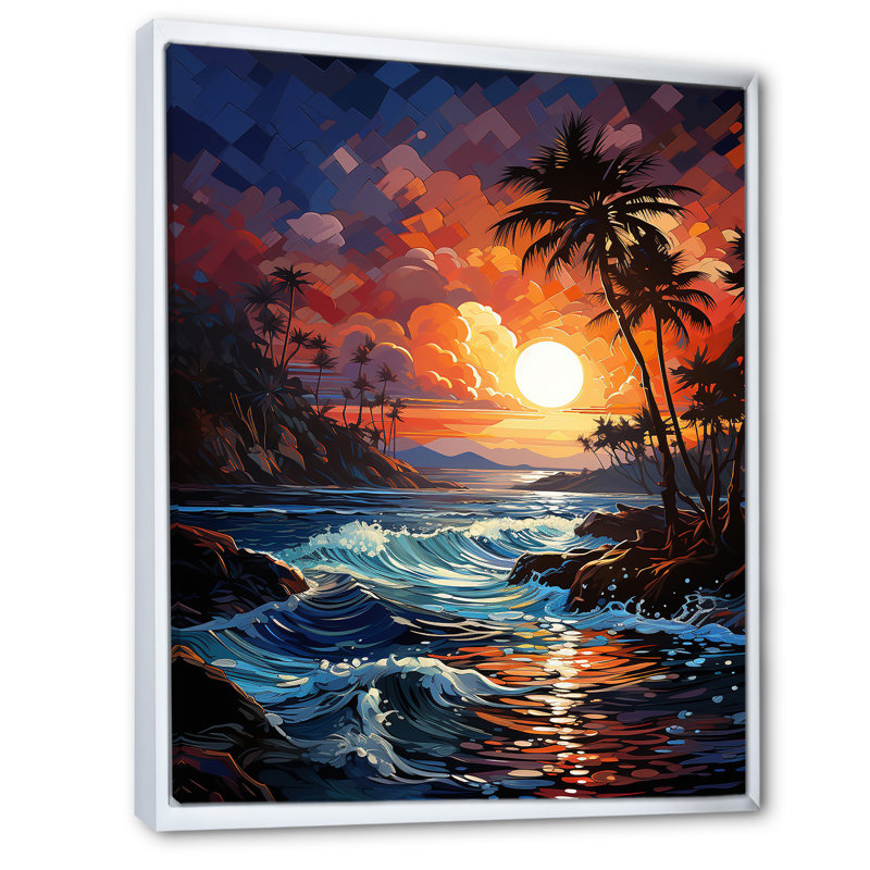Coucher de soleil orange coloré sur fond de palmiers III - décoration murale florale, H 44 po x l 34 po x P 1,5 po