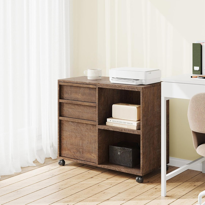 Classeur à 3 tiroirs avec tablettes de rangement ouvertes, classeur latéral à roulettes pour dossiers de format lettre / A4, support d'imprimante mobile avec roulettes, armoire de rangement en bois pour le bureau personnel