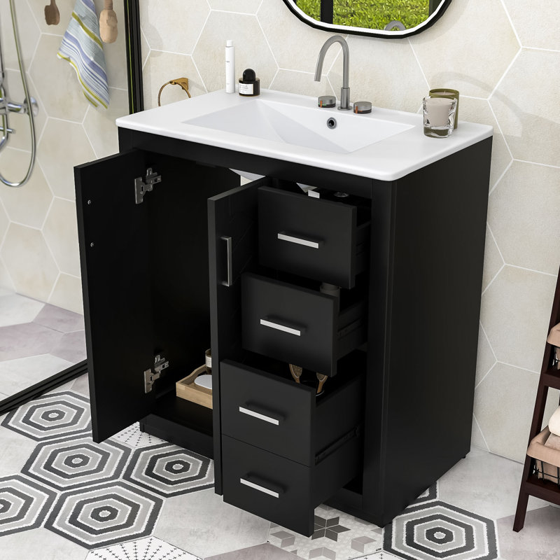 Meuble-lavabo simple en bois avec lavabo en céramique, armoire et tiroirs de rangement Whittier, Noir, Argent argent