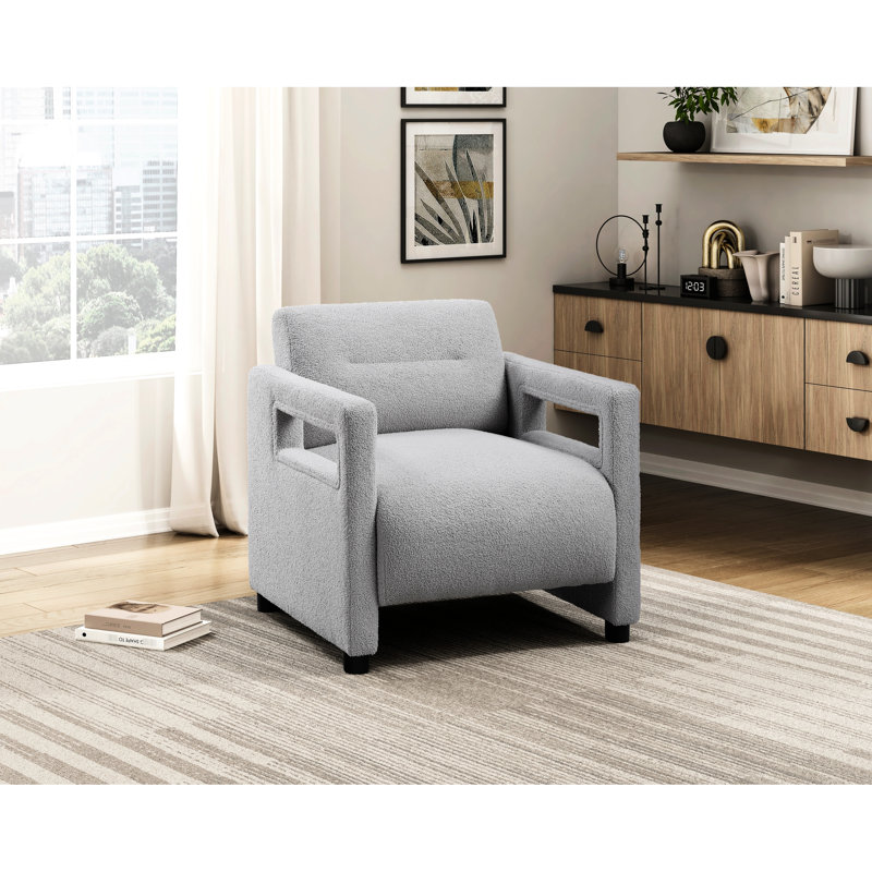 Fauteuil gris rembourré en contreplaqué, accoudoirs de 3 po de largeur, capacité de 300 lb, structure luxueuse de 31,5 po, coussins attachés