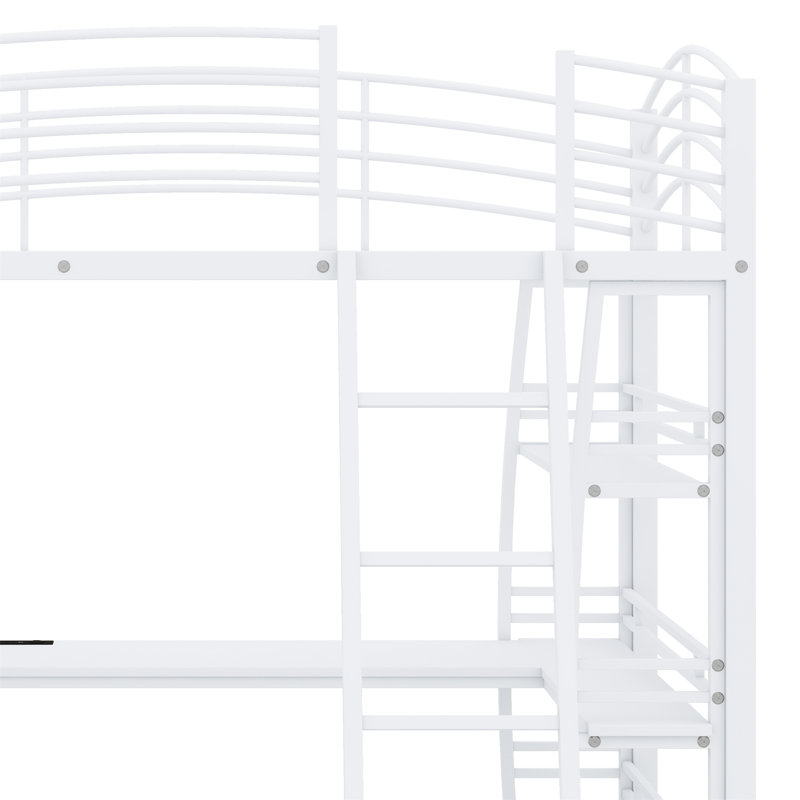 Loft Bed With Shelves And L-Shaped Desk, With A Set Of Sockets, USB Ports And And Wireless Charging