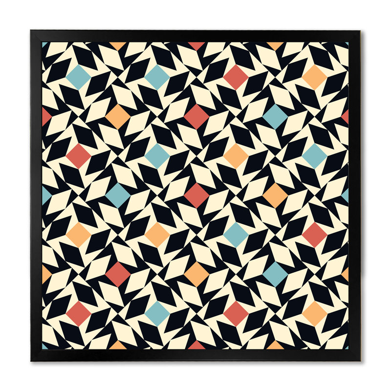 «Blue Orange and Red Retro Geometrics I», reproduction d'art sur toile, H 36 po x l 36 po x P 1 po, Cadre photo noir