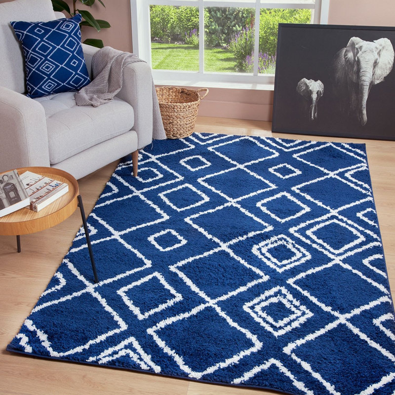 Tapis bleu à motif géométrique, Rectangle 6 pi 7 po x 9 pi 2 po
