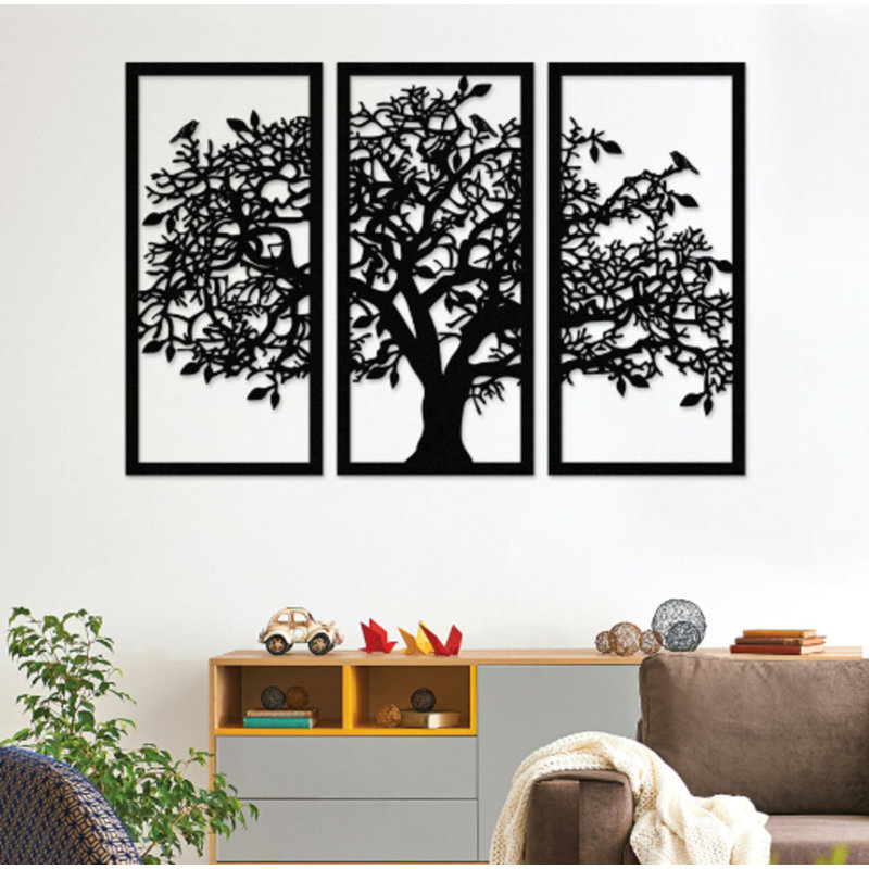 Triple Tree And Birds Metal Wall Painting