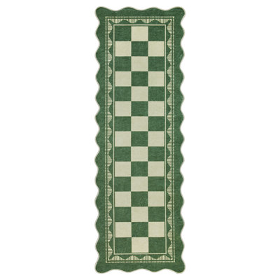 2'x6' Runner Scalloped Checkerboard Washable Area Rug, Non-Slip TPR Backing, Retro Bordered Rug for Hallway Kitchen Entryway