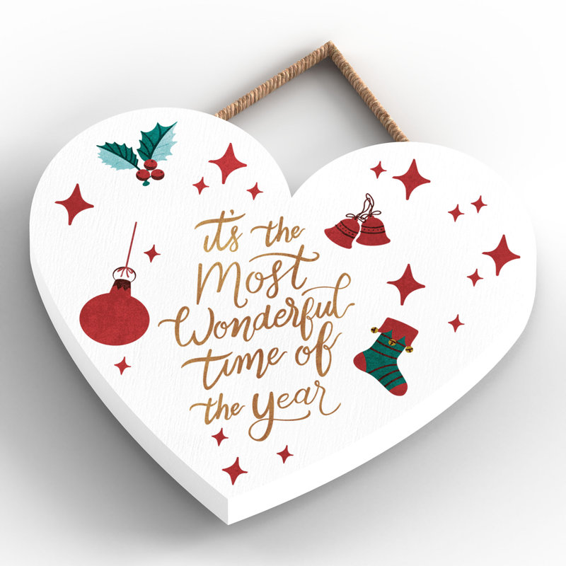 Xmas the Most Wonderful Time Heart Wooden Plaque, 10cm H x 9cm W x 0.5cm D
