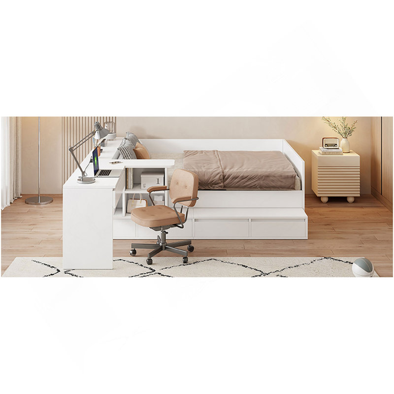 Lit plateforme double en bois avec 6 tiroirs, tablettes et coiffeuse, blanc, Blanc