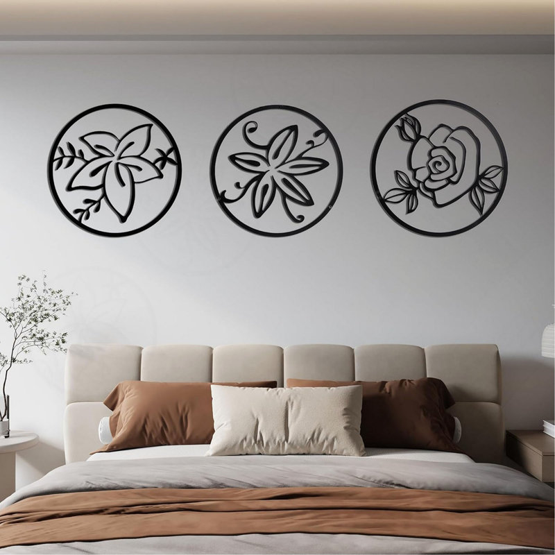 Ensemble de 3 décorations murales, motif floral abstrait, cadre rond en métal noir