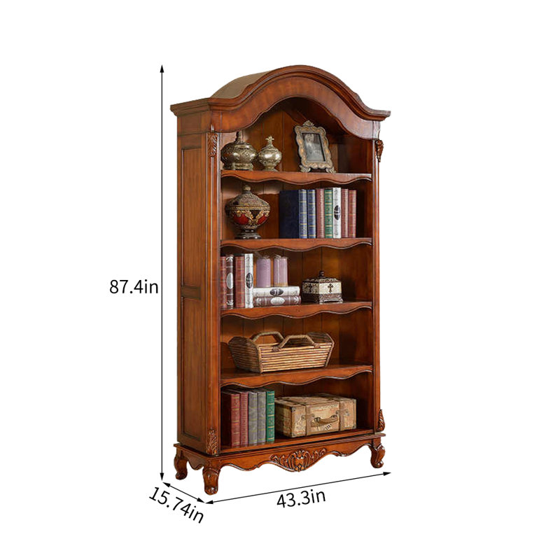 Bibliothèque rétro en bois sculptée au sol, (5 tablettes) H 87,4 po x l 35,43 po x P 15,74 po