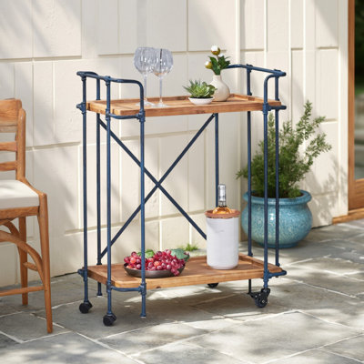 Chariot-bar Elinsa, style industriel, fer noir, bois brun, 33 po