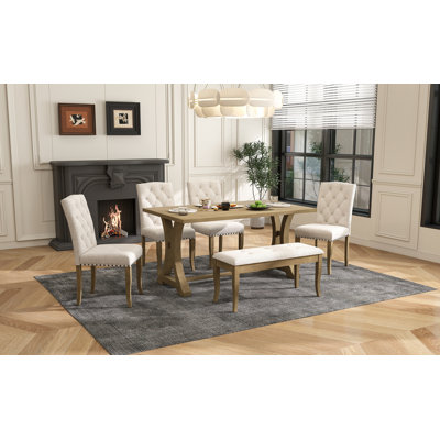 6-Piece Farmhouse Dining Table Set, Rectangular Trestle Table and 4 Upholstered Chairs & Bench for Dining Room