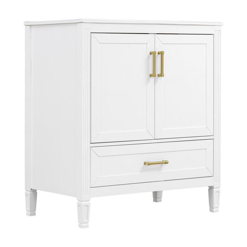 Meuble-lavabo cannelé élégant 30 po avec lavabo en céramique, pieds en bois massif, rangement à fermeture douce et poignées dorées, blanc