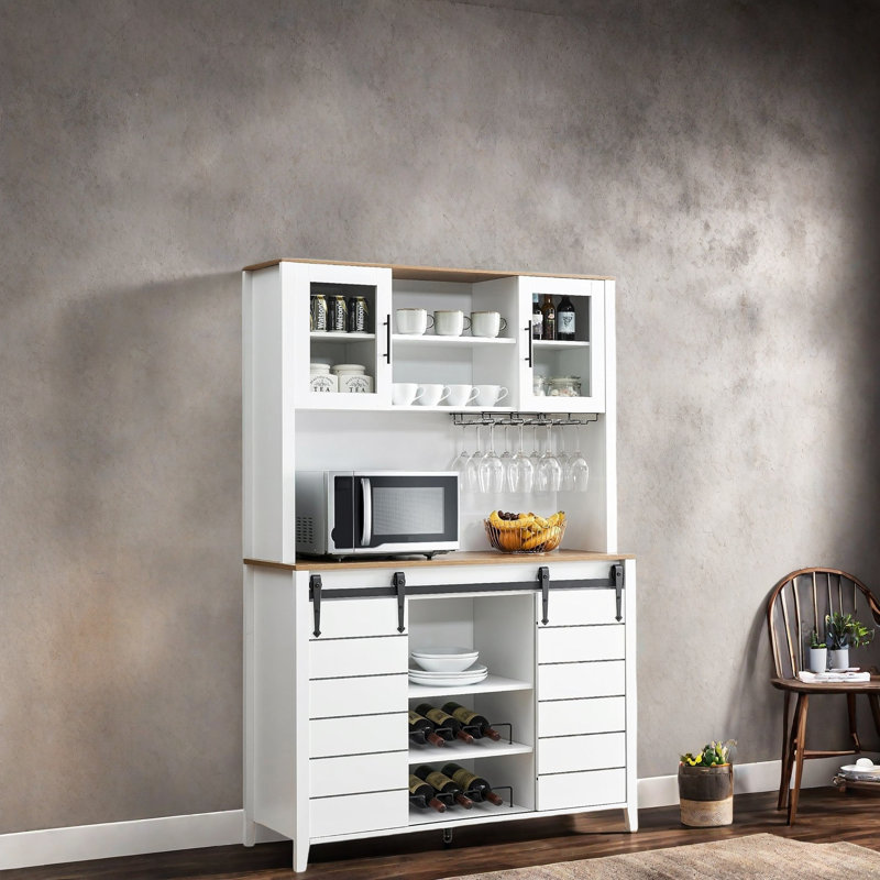 Coffee Bar Cabinet With Sliding Barn Doors, White