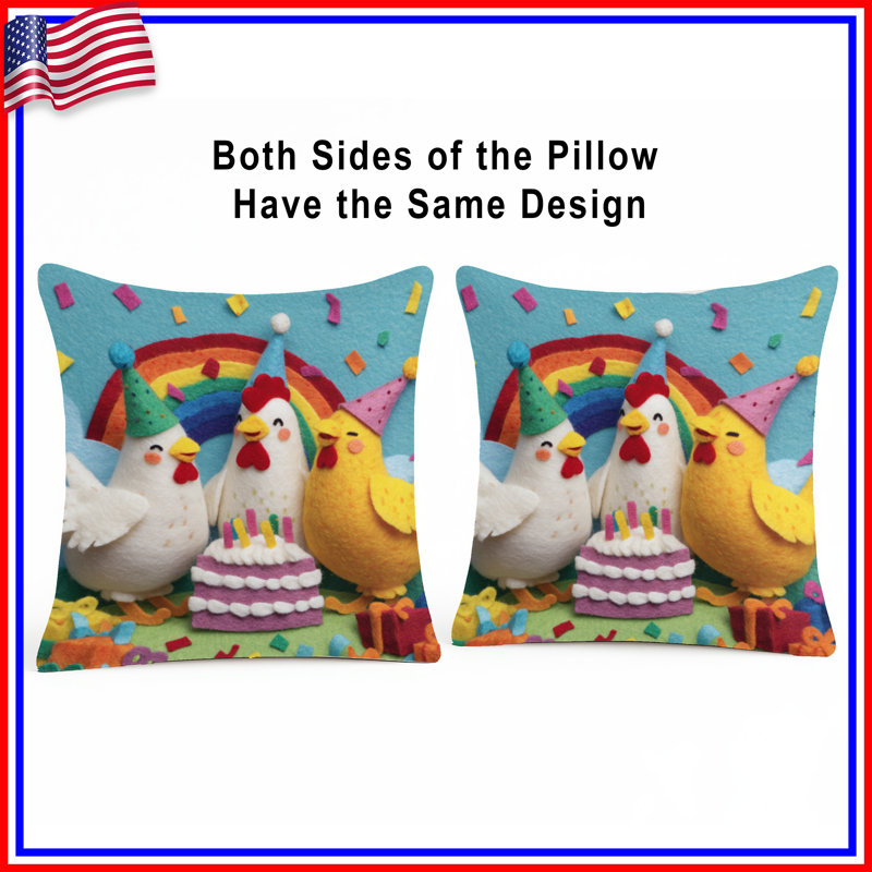 Felt Chickens Birthday Cake Double Sided Throw Pillows, 14 x 14 inches