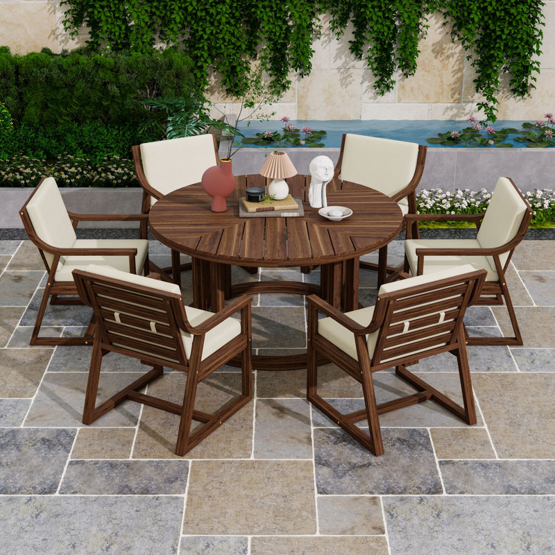 7-Piece Outdoor Dining Set with Round Hollow-Design Table, Cushioned Chairs and Umbrella Hole, Mocha
