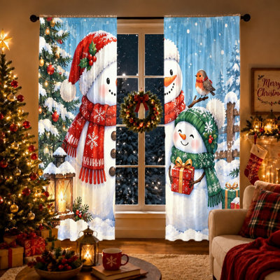 2Pcs Snowman Christmas Window Curtains Light Filtering Rod Pocket Decorative Drapes for Living Room Bedroom Kitchen Holiday Decor