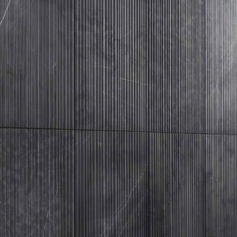 Waves Golden Valley 12X24 Fluted 3D Honed Marble Tile, Nero Marquina Black