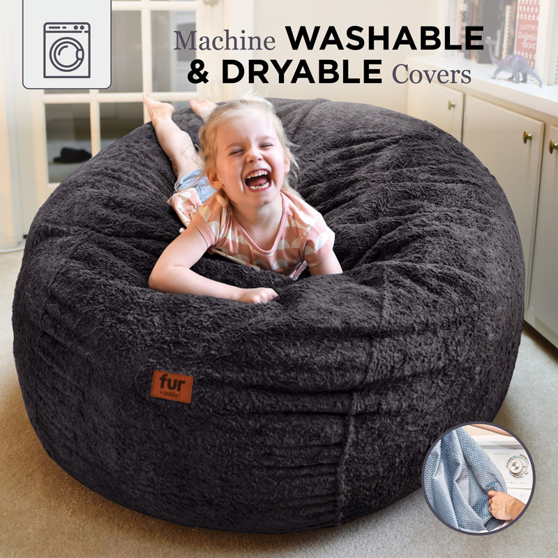 CordaRoy's Faux Fur Convertible Bean Bag Chair, Small (Full), Black Faux Fur