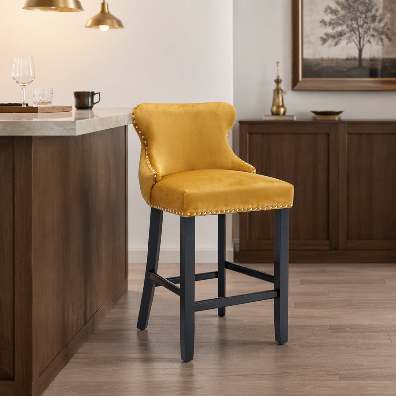 Upholstered Counter Stool with Solid Wood Frame, Gold